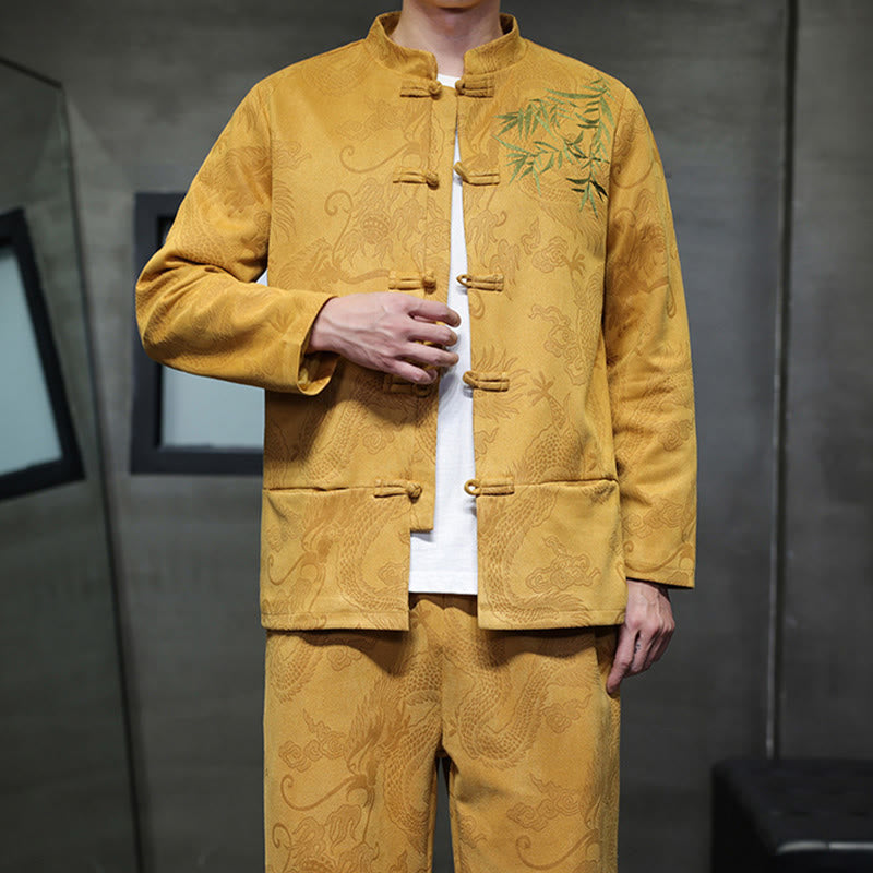 Set di 2 pezzi Buddha Stones Spring Dragon Bamboo Clouds da uomo Tang Suit Frog-Bottone in cotone Giacca a maniche lunghe Pantaloni con tasche - image 17