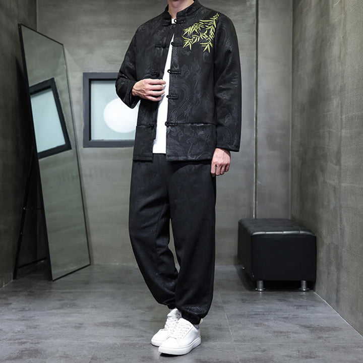 Set di 2 pezzi Buddha Stones Spring Dragon Bamboo Clouds da uomo Tang Suit Frog-Bottone in cotone Giacca a maniche lunghe Pantaloni con tasche - image 28