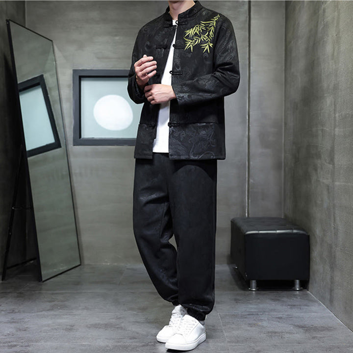 Set di 2 pezzi Buddha Stones Spring Dragon Bamboo Clouds da uomo Tang Suit Frog-Bottone in cotone Giacca a maniche lunghe Pantaloni con tasche - image 27