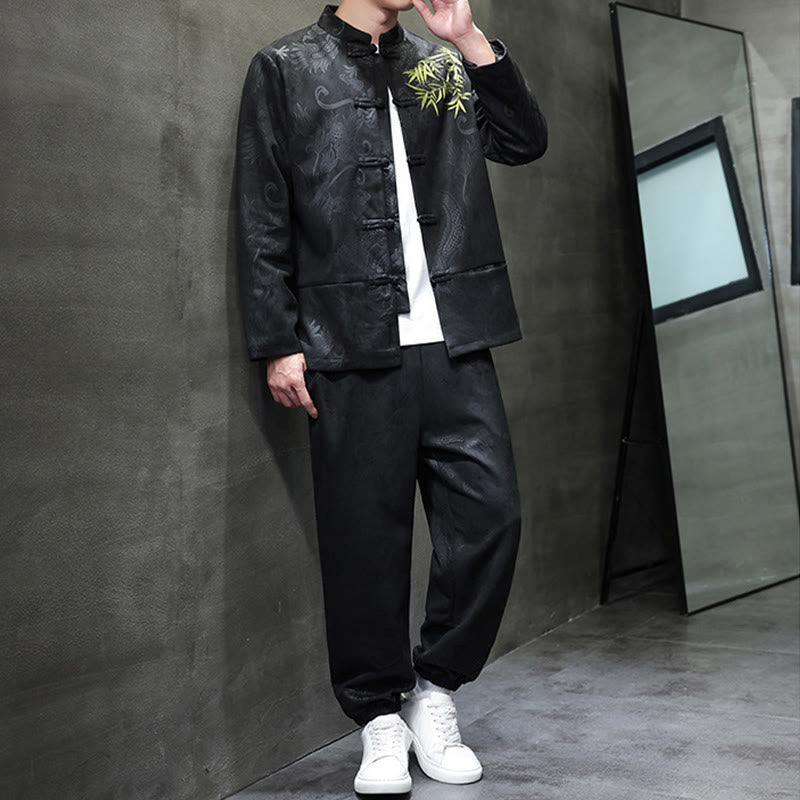 Set di 2 pezzi Buddha Stones Spring Dragon Bamboo Clouds da uomo Tang Suit Frog-Bottone in cotone Giacca a maniche lunghe Pantaloni con tasche - image 22