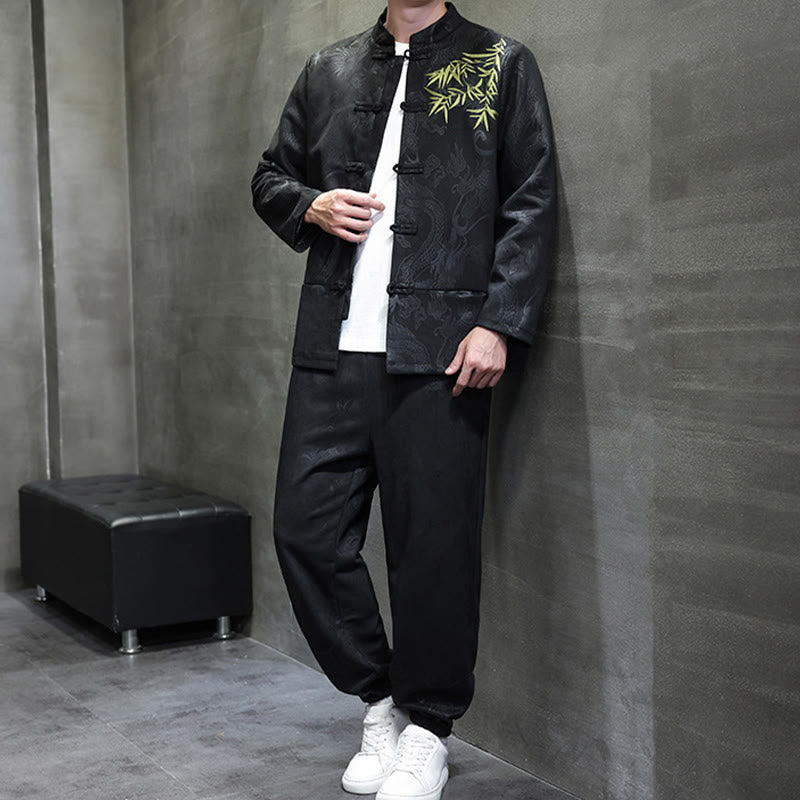 Set di 2 pezzi Buddha Stones Spring Dragon Bamboo Clouds da uomo Tang Suit Frog-Bottone in cotone Giacca a maniche lunghe Pantaloni con tasche - image 25