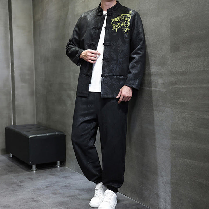 Set di 2 pezzi Buddha Stones Spring Dragon Bamboo Clouds da uomo Tang Suit Frog-Bottone in cotone Giacca a maniche lunghe Pantaloni con tasche - image 25