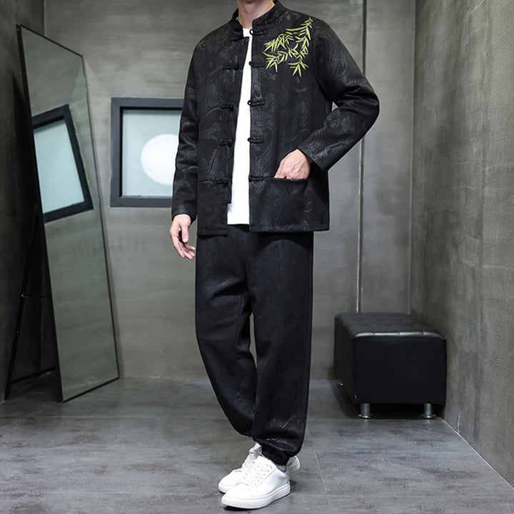 Set di 2 pezzi Buddha Stones Spring Dragon Bamboo Clouds da uomo Tang Suit Frog-Bottone in cotone Giacca a maniche lunghe Pantaloni con tasche - image 23