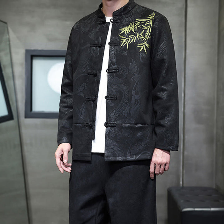 Set di 2 pezzi Buddha Stones Spring Dragon Bamboo Clouds da uomo Tang Suit Frog-Bottone in cotone Giacca a maniche lunghe Pantaloni con tasche - image 29