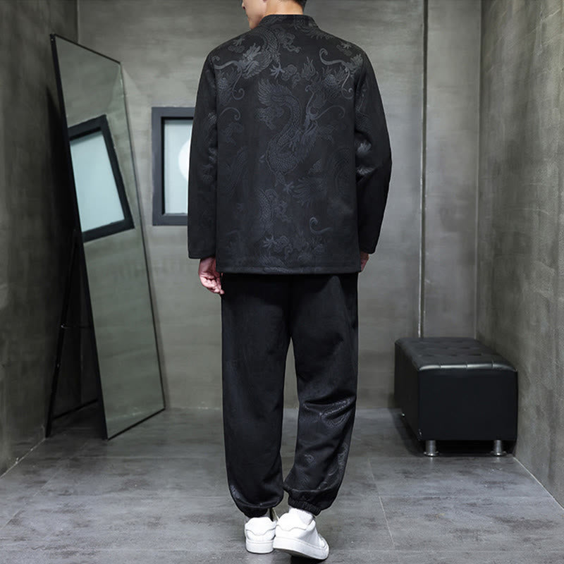 Set di 2 pezzi Buddha Stones Spring Dragon Bamboo Clouds da uomo Tang Suit Frog-Bottone in cotone Giacca a maniche lunghe Pantaloni con tasche - image 24