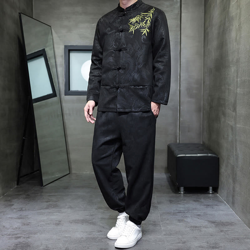 Set di 2 pezzi Buddha Stones Spring Dragon Bamboo Clouds da uomo Tang Suit Frog-Bottone in cotone Giacca a maniche lunghe Pantaloni con tasche - image 26