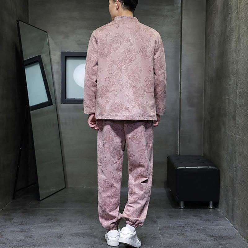 Set di 2 pezzi Buddha Stones Spring Dragon Bamboo Clouds da uomo Tang Suit Frog-Bottone in cotone Giacca a maniche lunghe Pantaloni con tasche - image 33