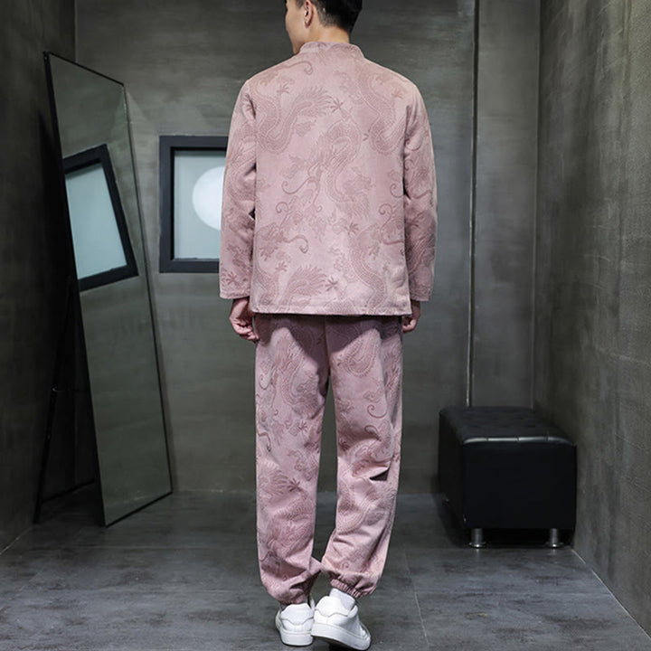 Set di 2 pezzi Buddha Stones Spring Dragon Bamboo Clouds da uomo Tang Suit Frog-Bottone in cotone Giacca a maniche lunghe Pantaloni con tasche - image 33