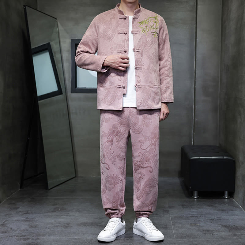 Set di 2 pezzi Buddha Stones Spring Dragon Bamboo Clouds da uomo Tang Suit Frog-Bottone in cotone Giacca a maniche lunghe Pantaloni con tasche - image 34