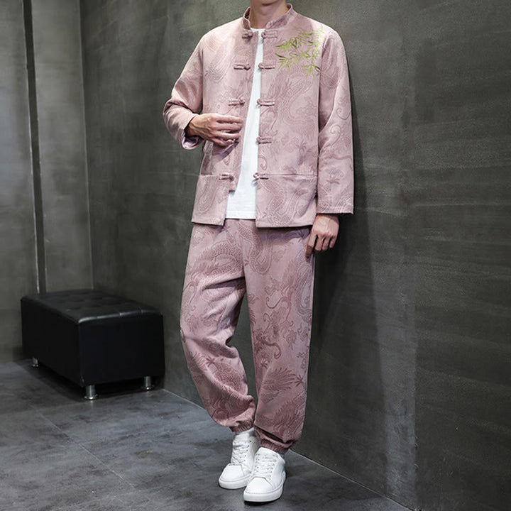 Set di 2 pezzi Buddha Stones Spring Dragon Bamboo Clouds da uomo Tang Suit Frog-Bottone in cotone Giacca a maniche lunghe Pantaloni con tasche - image 35