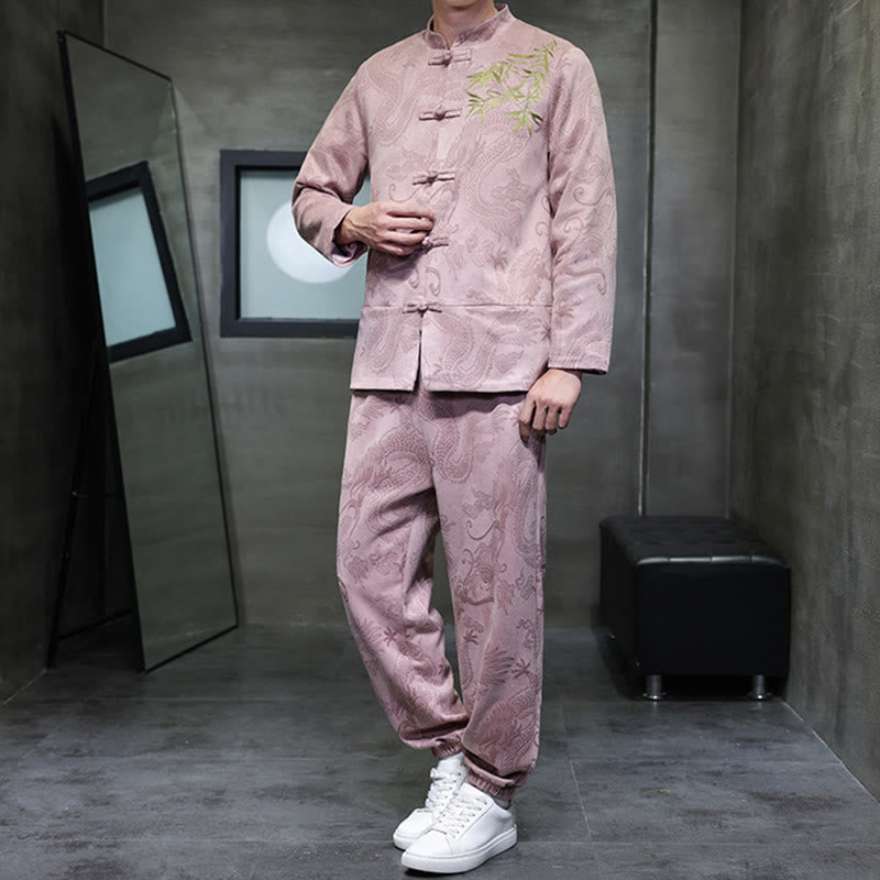 Set di 2 pezzi Buddha Stones Spring Dragon Bamboo Clouds da uomo Tang Suit Frog-Bottone in cotone Giacca a maniche lunghe Pantaloni con tasche - image 37