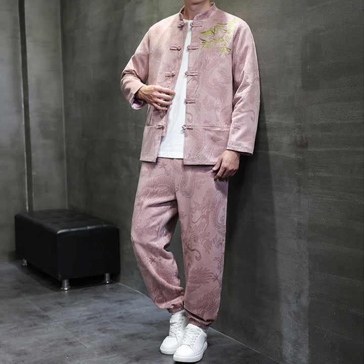 Set di 2 pezzi Buddha Stones Spring Dragon Bamboo Clouds da uomo Tang Suit Frog-Bottone in cotone Giacca a maniche lunghe Pantaloni con tasche - image 32