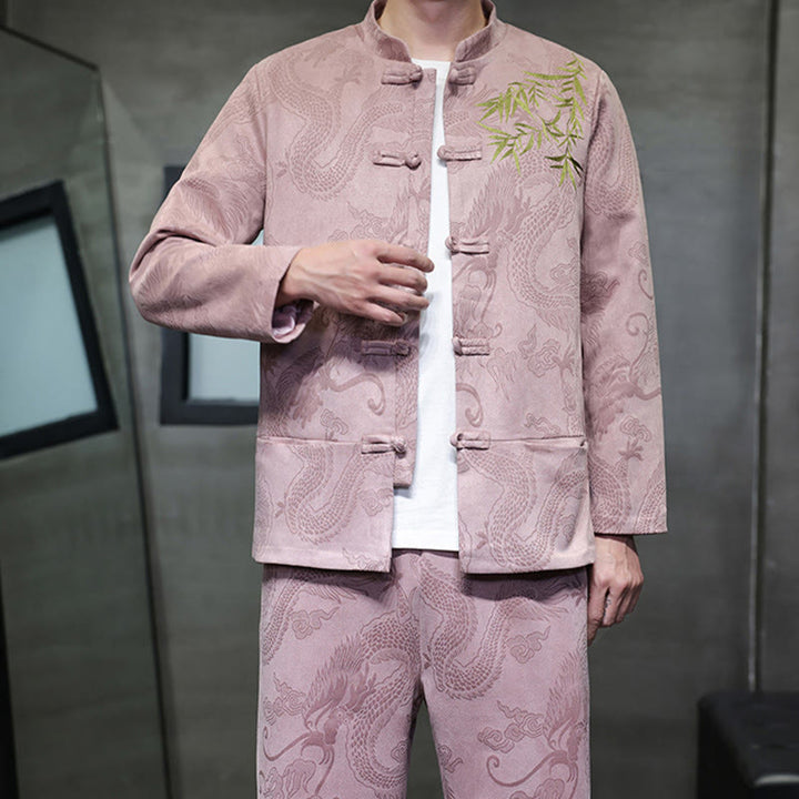 Set di 2 pezzi Buddha Stones Spring Dragon Bamboo Clouds da uomo Tang Suit Frog-Bottone in cotone Giacca a maniche lunghe Pantaloni con tasche - image 38