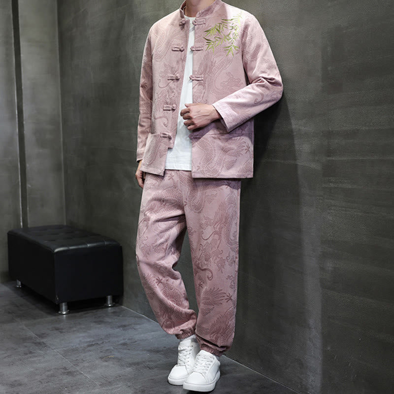 Set di 2 pezzi Buddha Stones Spring Dragon Bamboo Clouds da uomo Tang Suit Frog-Bottone in cotone Giacca a maniche lunghe Pantaloni con tasche - image 36