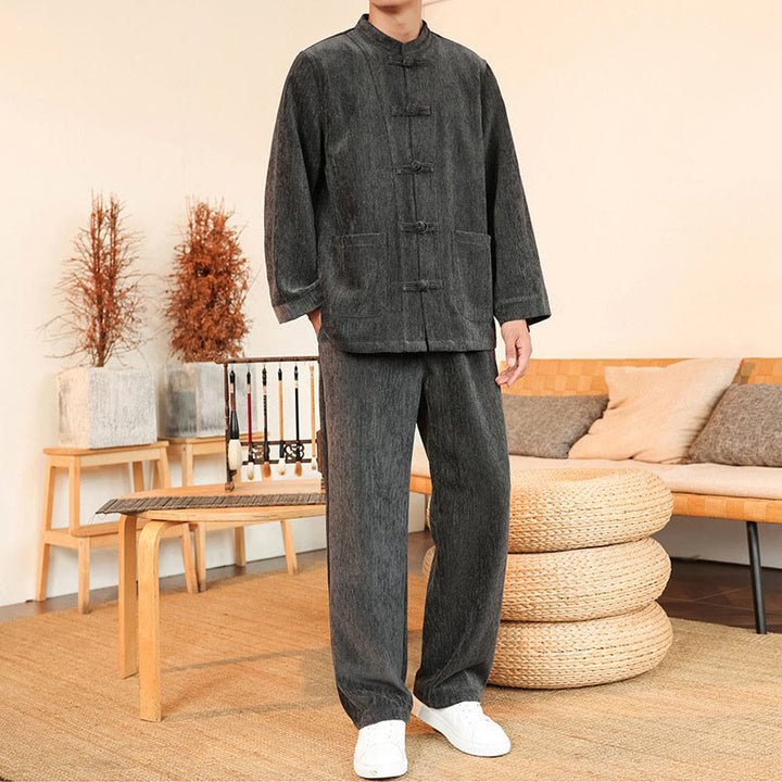 Set di 2 giacche e pantaloni invernali spessi da uomo in velluto a coste di cotone con bottoni a rana, con tasche e maniche lunghe , Buddha Stones - Grigio - US/UK/AU46, EU56 (5XL) - image 8