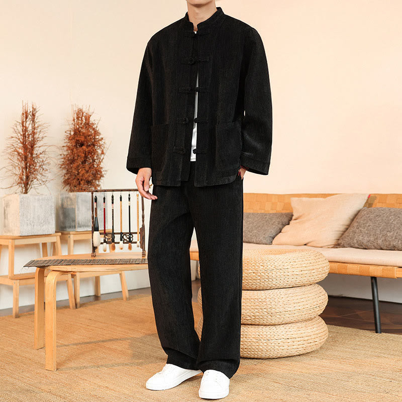 Set di 2 giacche e pantaloni invernali spessi da uomo in velluto a coste di cotone con bottoni a rana, con tasche e maniche lunghe , Buddha Stones - Nero - US/UK/AU46, EU56 (5XL) - image 22