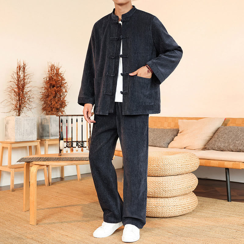 Set di 2 giacche e pantaloni invernali spessi da uomo in velluto a coste di cotone con bottoni a rana, con tasche e maniche lunghe , Buddha Stones - image 1