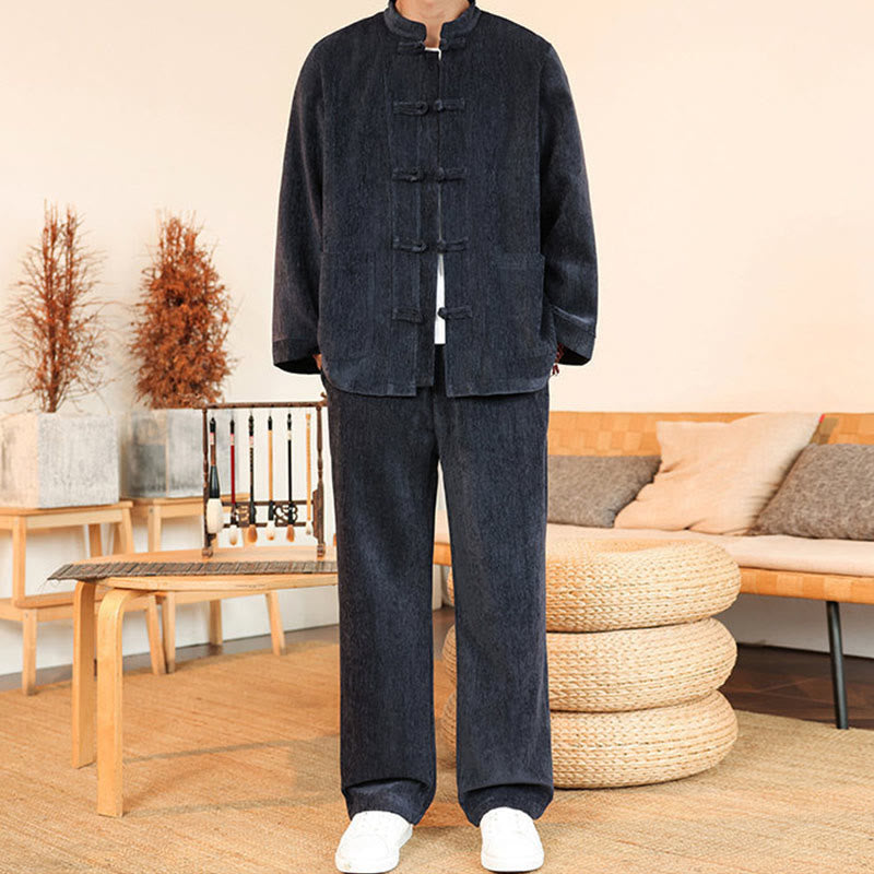 Set di 2 giacche e pantaloni invernali spessi da uomo in velluto a coste di cotone con bottoni a rana, con tasche e maniche lunghe , Buddha Stones - Grigio ardesia - US/UK/AU46, EU56 (5XL) - image 0