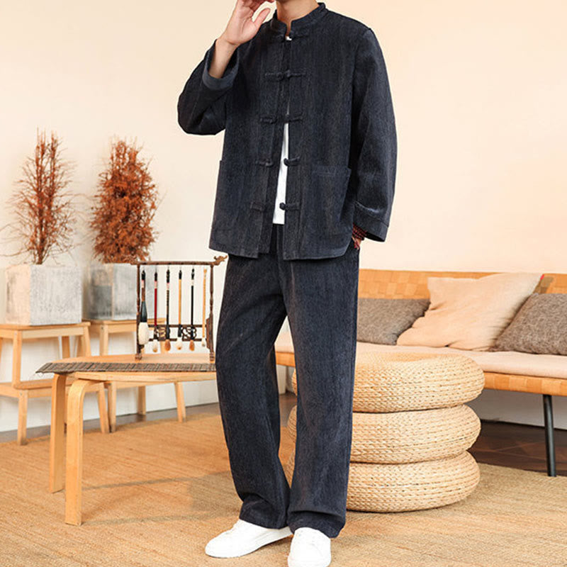 Set di 2 giacche e pantaloni invernali spessi da uomo in velluto a coste di cotone con bottoni a rana, con tasche e maniche lunghe , Buddha Stones - image 3