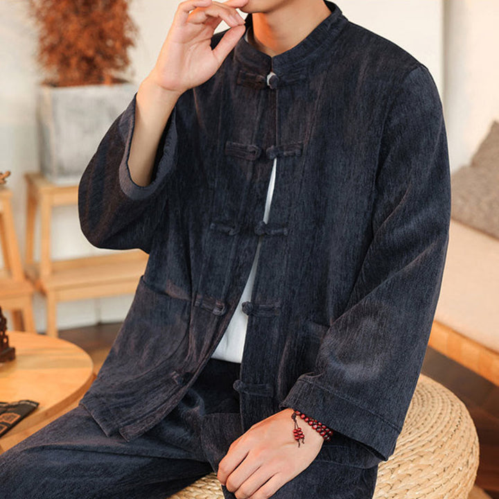 Set di 2 giacche e pantaloni invernali spessi da uomo in velluto a coste di cotone con bottoni a rana, con tasche e maniche lunghe , Buddha Stones - image 6