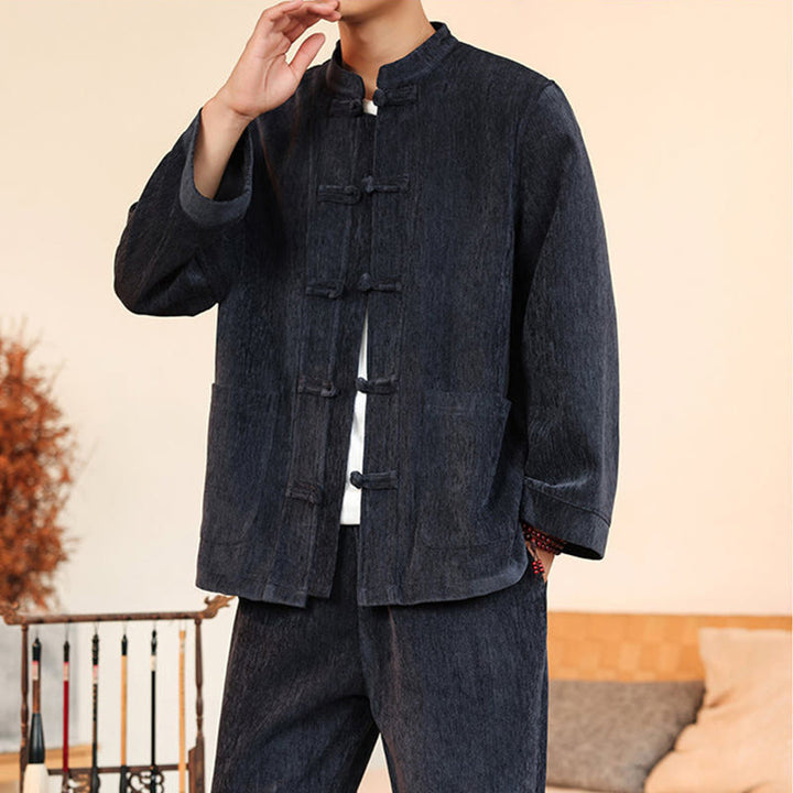 Set di 2 giacche e pantaloni invernali spessi da uomo in velluto a coste di cotone con bottoni a rana, con tasche e maniche lunghe , Buddha Stones - image 7