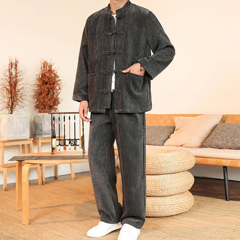 Set di 2 giacche e pantaloni invernali spessi da uomo in velluto a coste di cotone con bottoni a rana, con tasche e maniche lunghe , Buddha Stones - image 9