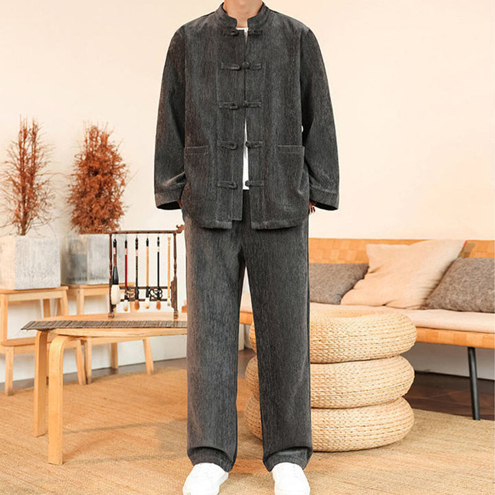 Set di 2 giacche e pantaloni invernali spessi da uomo in velluto a coste di cotone con bottoni a rana, con tasche e maniche lunghe , Buddha Stones - image 13