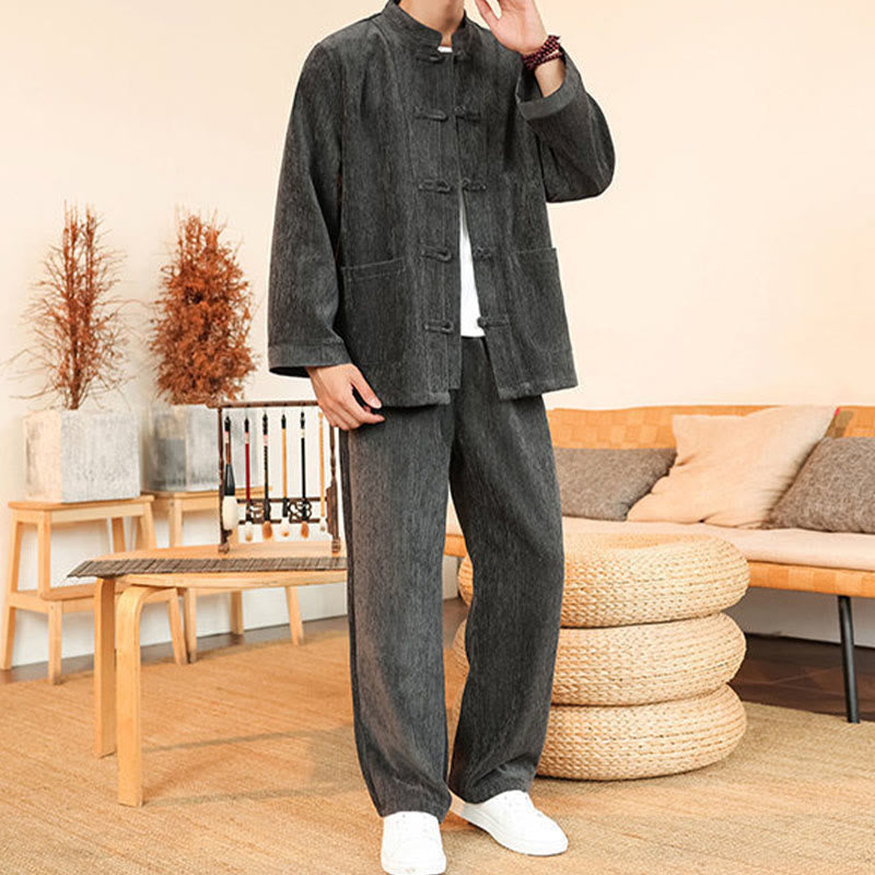 Set di 2 giacche e pantaloni invernali spessi da uomo in velluto a coste di cotone con bottoni a rana, con tasche e maniche lunghe , Buddha Stones - image 15