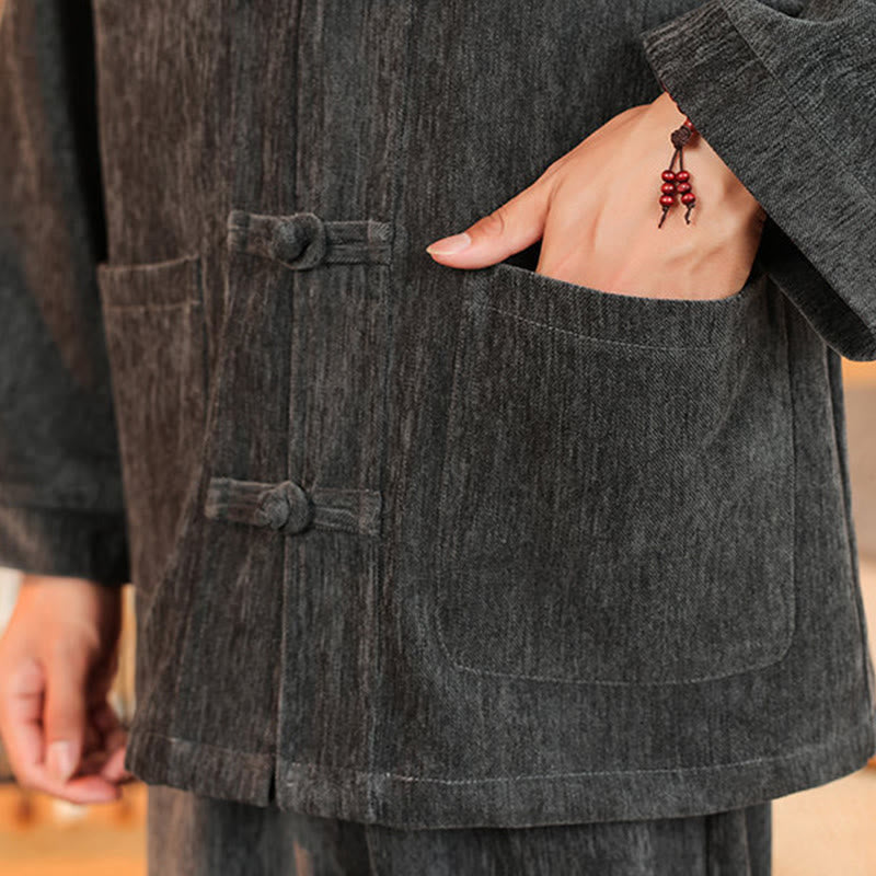 Set di 2 giacche e pantaloni invernali spessi da uomo in velluto a coste di cotone con bottoni a rana, con tasche e maniche lunghe , Buddha Stones - image 18