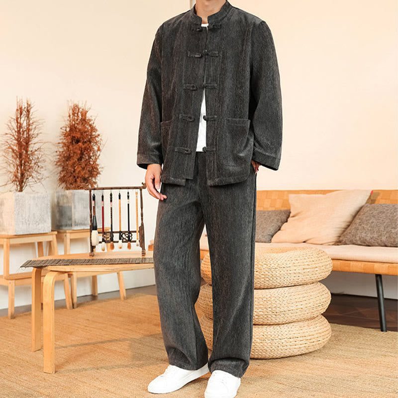 Set di 2 giacche e pantaloni invernali spessi da uomo in velluto a coste di cotone con bottoni a rana, con tasche e maniche lunghe , Buddha Stones - image 14