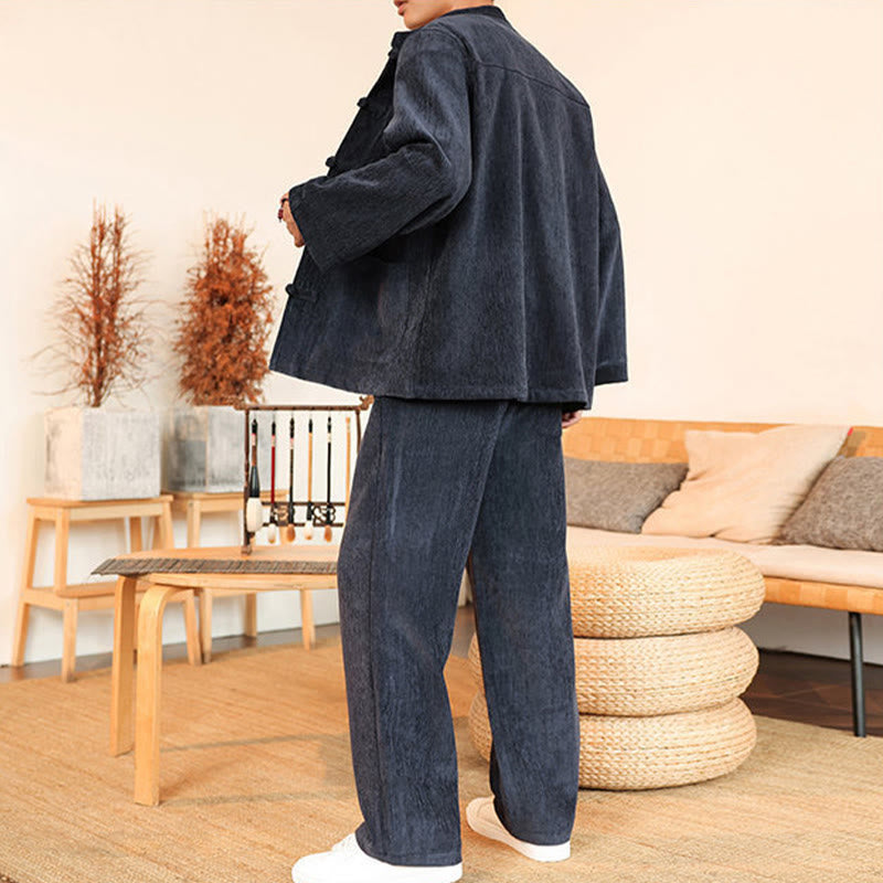 Set di 2 giacche e pantaloni invernali spessi da uomo in velluto a coste di cotone con bottoni a rana, con tasche e maniche lunghe , Buddha Stones - image 11