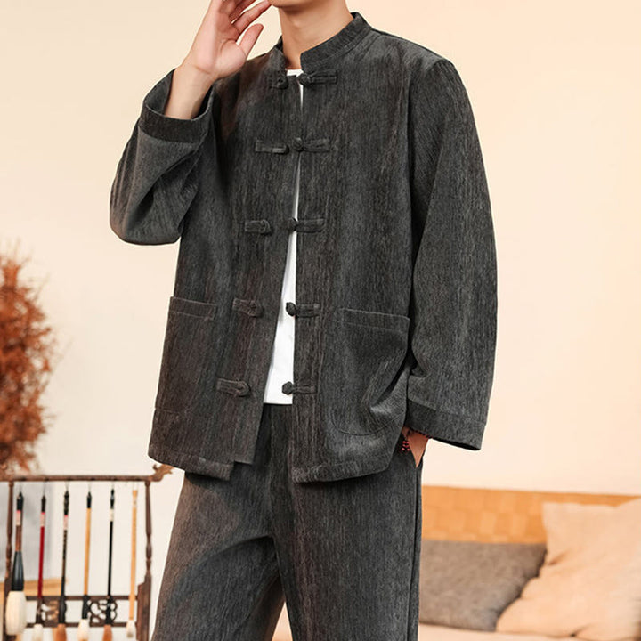 Set di 2 giacche e pantaloni invernali spessi da uomo in velluto a coste di cotone con bottoni a rana, con tasche e maniche lunghe , Buddha Stones - image 17