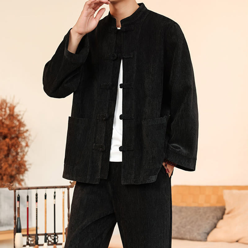 Set di 2 giacche e pantaloni invernali spessi da uomo in velluto a coste di cotone con bottoni a rana, con tasche e maniche lunghe , Buddha Stones - image 30
