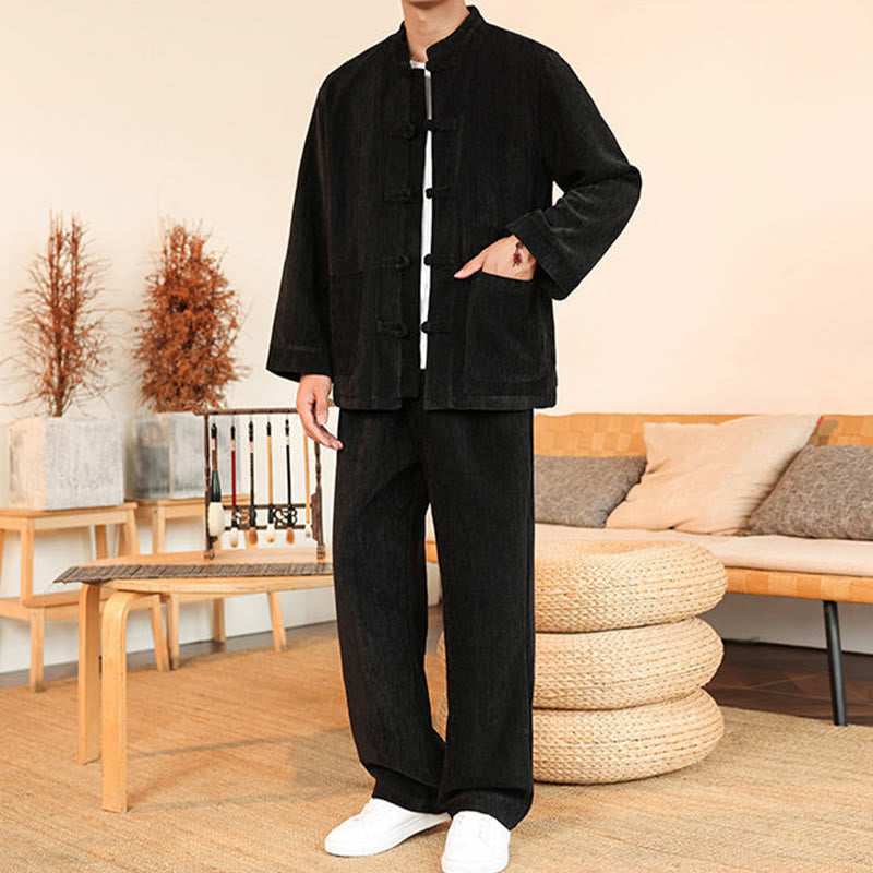 Set di 2 giacche e pantaloni invernali spessi da uomo in velluto a coste di cotone con bottoni a rana, con tasche e maniche lunghe , Buddha Stones - image 28