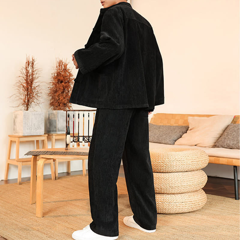 Set di 2 giacche e pantaloni invernali spessi da uomo in velluto a coste di cotone con bottoni a rana, con tasche e maniche lunghe , Buddha Stones - image 25