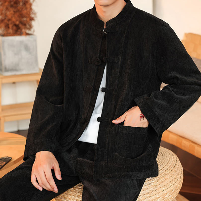 Set di 2 giacche e pantaloni invernali spessi da uomo in velluto a coste di cotone con bottoni a rana, con tasche e maniche lunghe , Buddha Stones - image 29