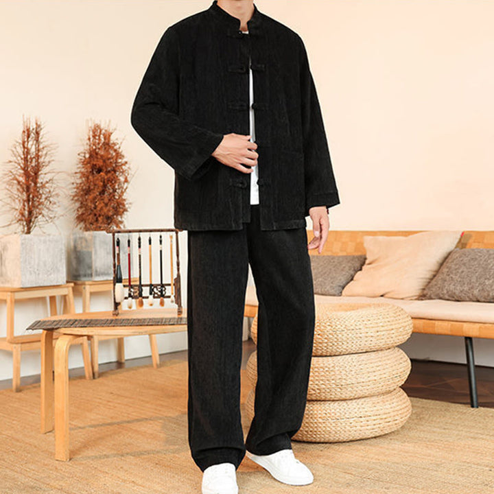 Set di 2 giacche e pantaloni invernali spessi da uomo in velluto a coste di cotone con bottoni a rana, con tasche e maniche lunghe , Buddha Stones - image 26