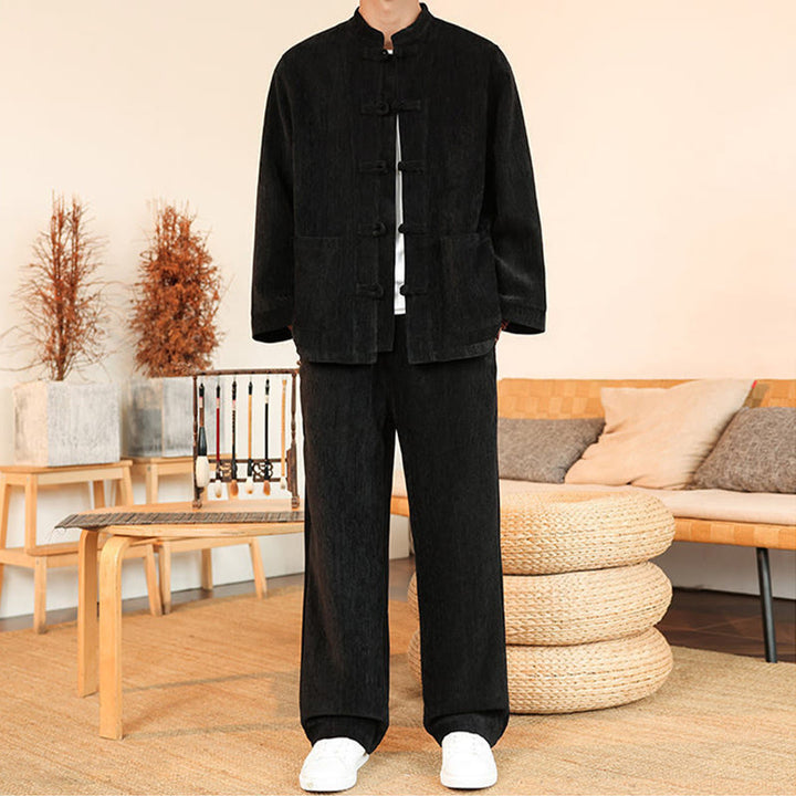 Set di 2 giacche e pantaloni invernali spessi da uomo in velluto a coste di cotone con bottoni a rana, con tasche e maniche lunghe , Buddha Stones - image 23