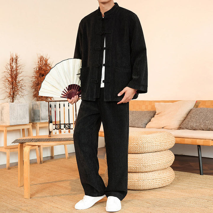 Set di 2 giacche e pantaloni invernali spessi da uomo in velluto a coste di cotone con bottoni a rana, con tasche e maniche lunghe , Buddha Stones - image 24