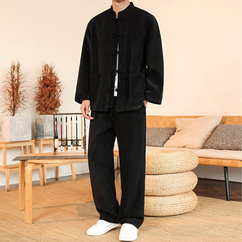 Set di 2 giacche e pantaloni invernali spessi da uomo in velluto a coste di cotone con bottoni a rana, con tasche e maniche lunghe , Buddha Stones - image 27