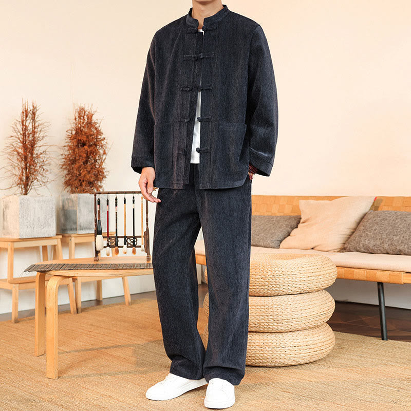 Set di 2 giacche e pantaloni invernali spessi da uomo in velluto a coste di cotone con bottoni a rana, con tasche e maniche lunghe , Buddha Stones - image 4