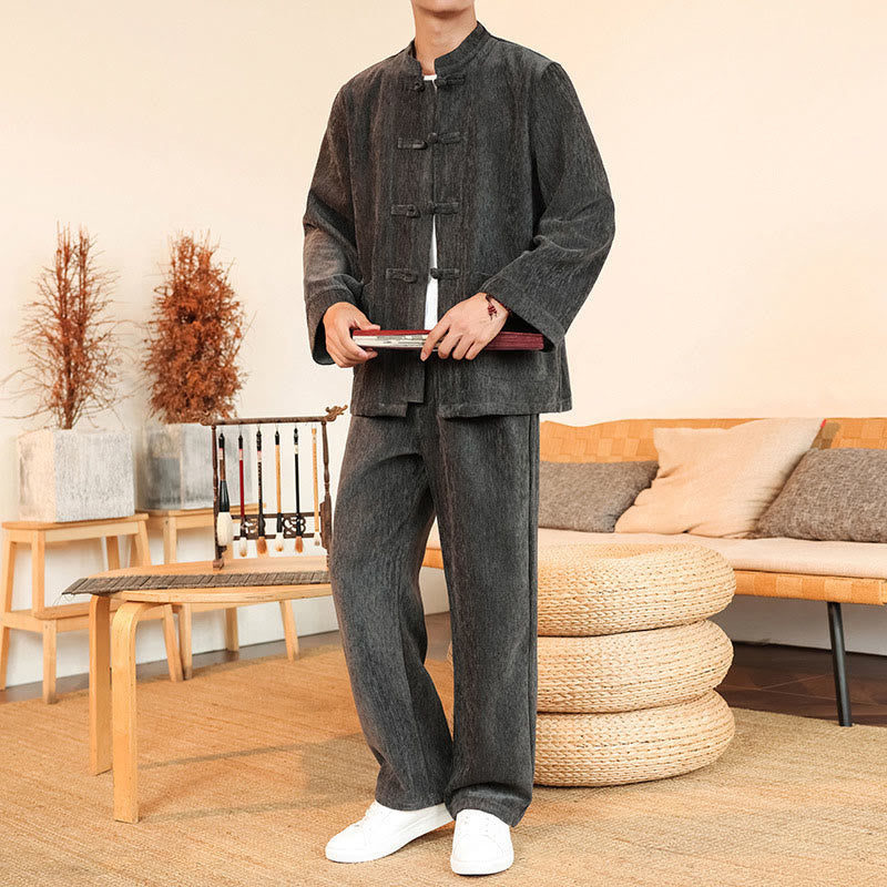 Set di 2 giacche e pantaloni invernali spessi da uomo in velluto a coste di cotone con bottoni a rana, con tasche e maniche lunghe , Buddha Stones - image 10