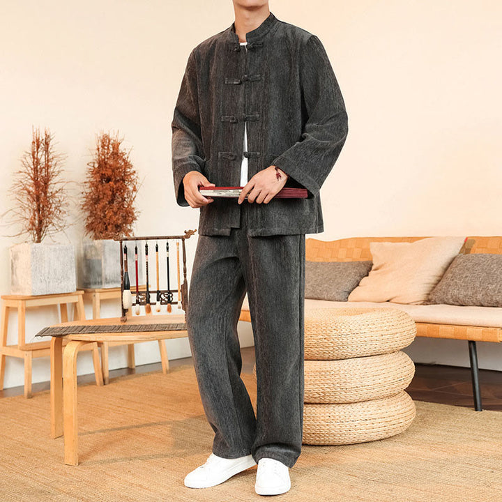 Set di 2 giacche e pantaloni invernali spessi da uomo in velluto a coste di cotone con bottoni a rana, con tasche e maniche lunghe , Buddha Stones - image 10