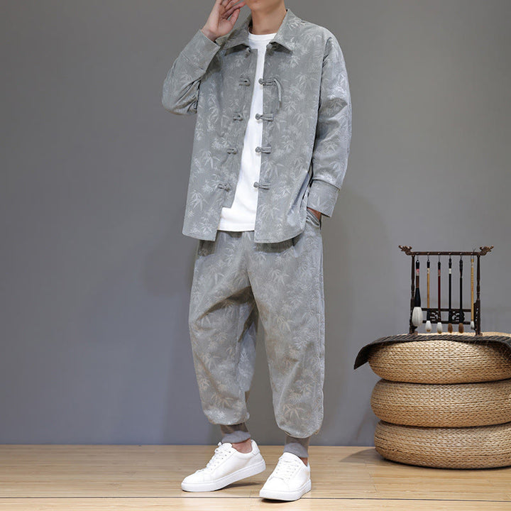 Set di 2 giacche e pantaloni a maniche lunghe in velluto a coste di cotone con bottoni a rana, da uomo, invernali, spessi, in bambù, con tasche, Buddha Stones - Grigio chiaro - US/UK/AU46, EU56 (5XL) - image 8
