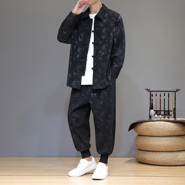 Set di 2 giacche e pantaloni a maniche lunghe in velluto a coste di cotone con bottoni a rana, da uomo, invernali, spessi, in bambù, con tasche, Buddha Stones - Nero - US/UK/AU46, EU56 (5XL) - image 22
