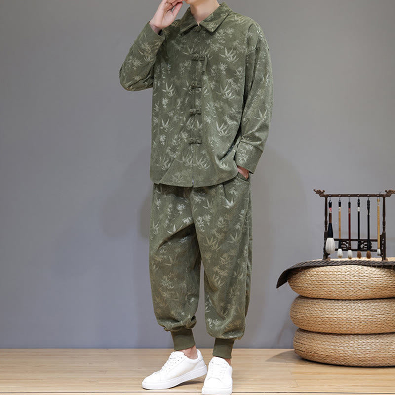 Set di 2 giacche e pantaloni a maniche lunghe in velluto a coste di cotone con bottoni a rana, da uomo, invernali, spessi, in bambù, con tasche, Buddha Stones - image 4