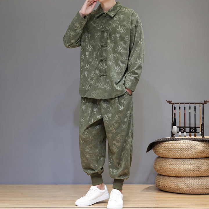 Set di 2 giacche e pantaloni a maniche lunghe in velluto a coste di cotone con bottoni a rana, da uomo, invernali, spessi, in bambù, con tasche, Buddha Stones - image 4