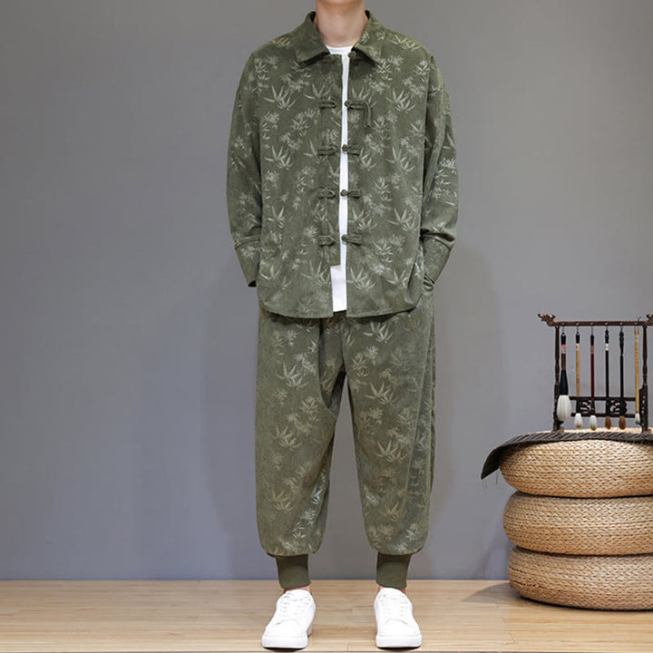 Set di 2 giacche e pantaloni a maniche lunghe in velluto a coste di cotone con bottoni a rana, da uomo, invernali, spessi, in bambù, con tasche, Buddha Stones - image 1