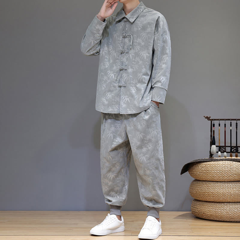 Set di 2 giacche e pantaloni a maniche lunghe in velluto a coste di cotone con bottoni a rana, da uomo, invernali, spessi, in bambù, con tasche, Buddha Stones - image 10