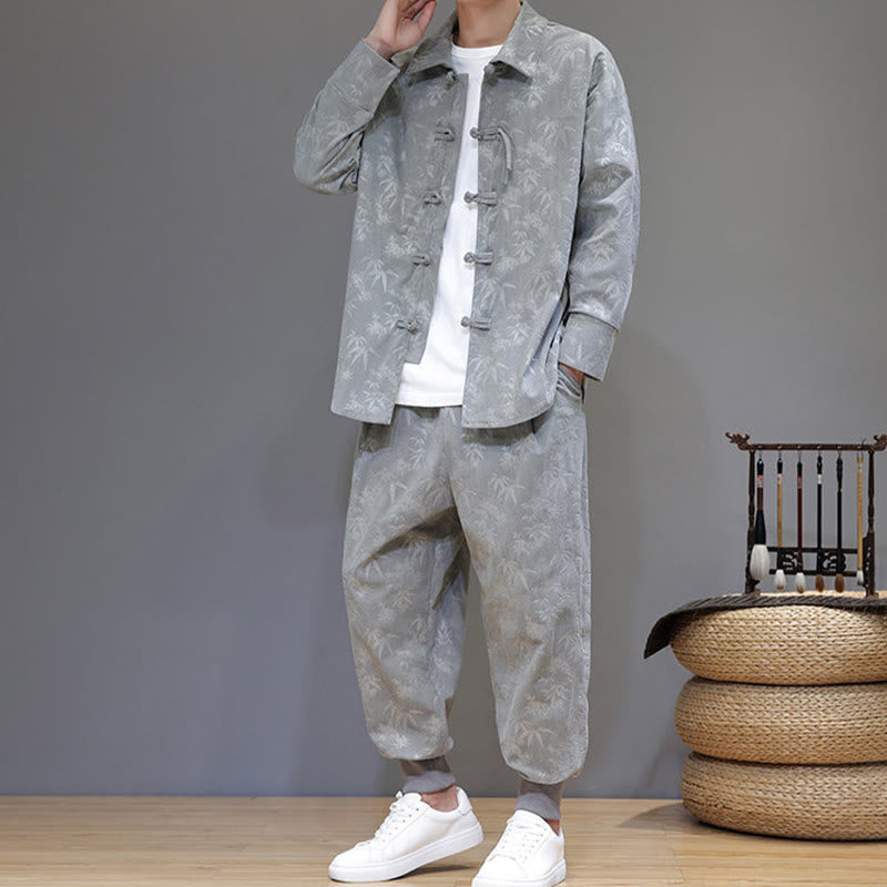 Set di 2 giacche e pantaloni a maniche lunghe in velluto a coste di cotone con bottoni a rana, da uomo, invernali, spessi, in bambù, con tasche, Buddha Stones - image 17